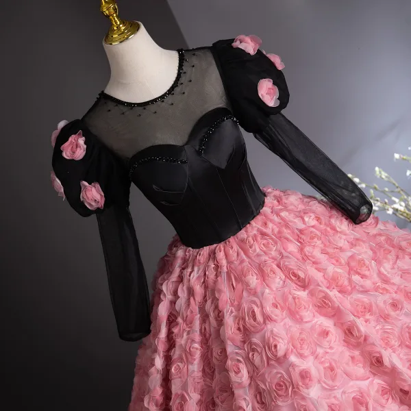 Lovely Candy Pink Appliques Prom Dresses 2024 Ball Gown Scoop Neck Backless 3/4 Sleeve Floor-Length / Long Prom Formal Dresses
