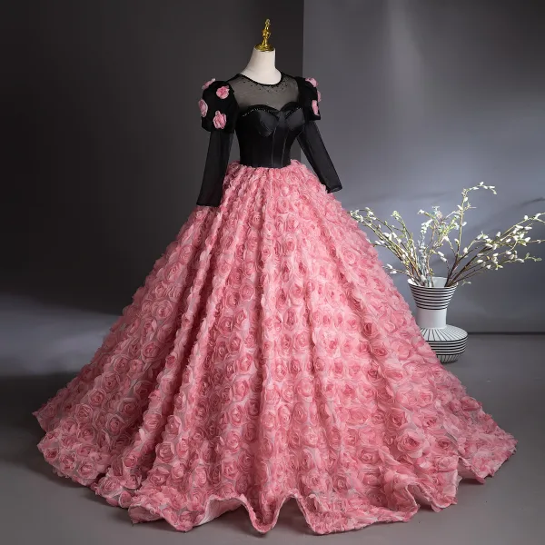 Lovely Candy Pink Appliques Prom Dresses 2024 Ball Gown Scoop Neck Backless 3/4 Sleeve Floor-Length / Long Prom Formal Dresses