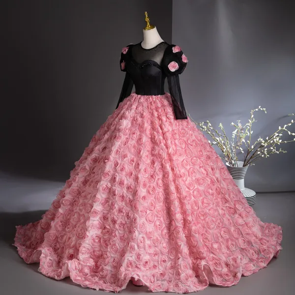 Lovely Candy Pink Appliques Prom Dresses 2024 Ball Gown Scoop Neck Backless 3/4 Sleeve Floor-Length / Long Prom Formal Dresses
