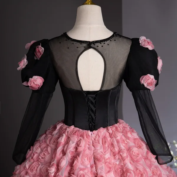 Lovely Candy Pink Appliques Prom Dresses 2024 Ball Gown Scoop Neck Backless 3/4 Sleeve Floor-Length / Long Prom Formal Dresses