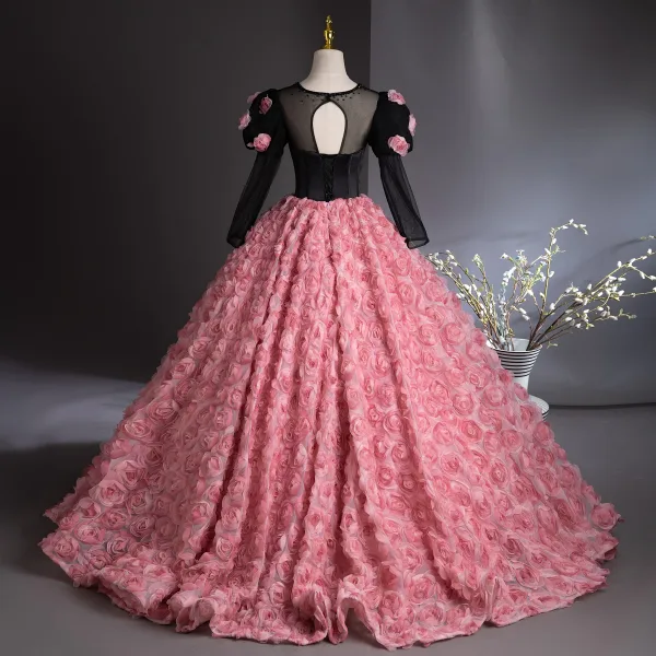 Lovely Candy Pink Appliques Prom Dresses 2024 Ball Gown Scoop Neck Backless 3/4 Sleeve Floor-Length / Long Prom Formal Dresses