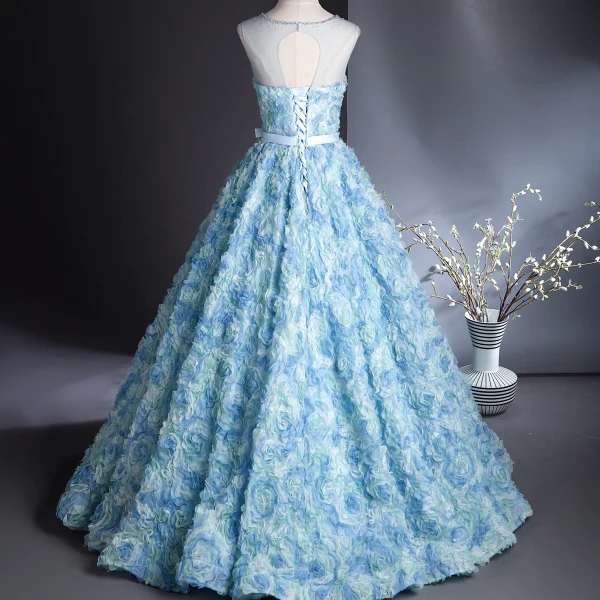 Chic / Beautiful Sky Blue Appliques Bow Sash Prom Dresses 2024 Ball Gown Scoop Neck Sleeveless Backless Floor-Length / Long Prom Formal Dresses
