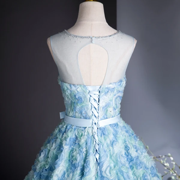 Chic / Beautiful Sky Blue Appliques Bow Sash Prom Dresses 2024 Ball Gown Scoop Neck Sleeveless Backless Floor-Length / Long Prom Formal Dresses