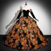 Elegant Black Glitter Printing Prom Dresses 2024 Ball Gown Off-The-Shoulder Long Sleeve Backless Floor-Length / Long Prom Formal Dresses