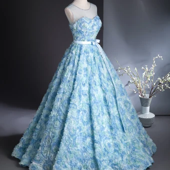 Chic Belle Bleu Ciel Appliques Noeud Ceinture Robe De Bal 2024 Robe Boule Encolure Dégagée Sans Manches Dos Nu Longue Promo Robe De Ceremonie