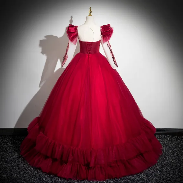 Chic / Beautiful Red Beading Pearl Sequins Prom Dresses 2024 Ball Gown Scoop Neck Long Sleeve Backless Floor-Length / Long Prom Formal Dresses