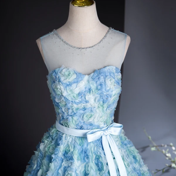 Chic / Beautiful Sky Blue Appliques Bow Sash Prom Dresses 2024 Ball Gown Scoop Neck Sleeveless Backless Floor-Length / Long Prom Formal Dresses