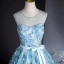 Chic / Beautiful Sky Blue Appliques Bow Sash Prom Dresses 2024 Ball Gown Scoop Neck Sleeveless Backless Floor-Length / Long Prom Formal Dresses