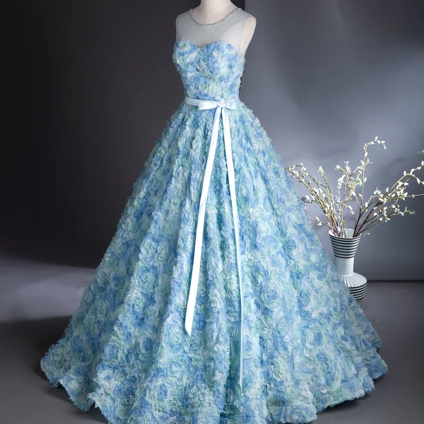 Chic / Beautiful Sky Blue Appliques Bow Sash Prom Dresses 2024 Ball Gown Scoop Neck Sleeveless Backless Floor-Length / Long Prom Formal Dresses