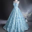 Chic / Beautiful Sky Blue Appliques Bow Sash Prom Dresses 2024 Ball Gown Scoop Neck Sleeveless Backless Floor-Length / Long Prom Formal Dresses