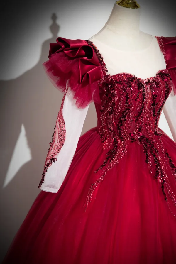 Chic / Beautiful Red Beading Pearl Sequins Prom Dresses 2024 Ball Gown Scoop Neck Long Sleeve Backless Floor-Length / Long Prom Formal Dresses