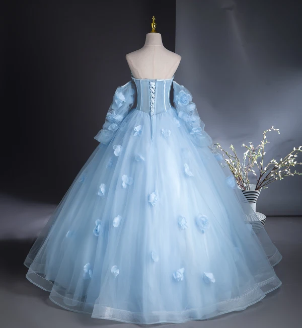 Romantic Sky Blue Appliques Prom Dresses 2024 Ball Gown Off-The-Shoulder Short Sleeve Backless Floor-Length / Long Prom Formal Dresses