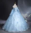 Romantic Sky Blue Appliques Prom Dresses 2024 Ball Gown Off-The-Shoulder Short Sleeve Backless Floor-Length / Long Prom Formal Dresses