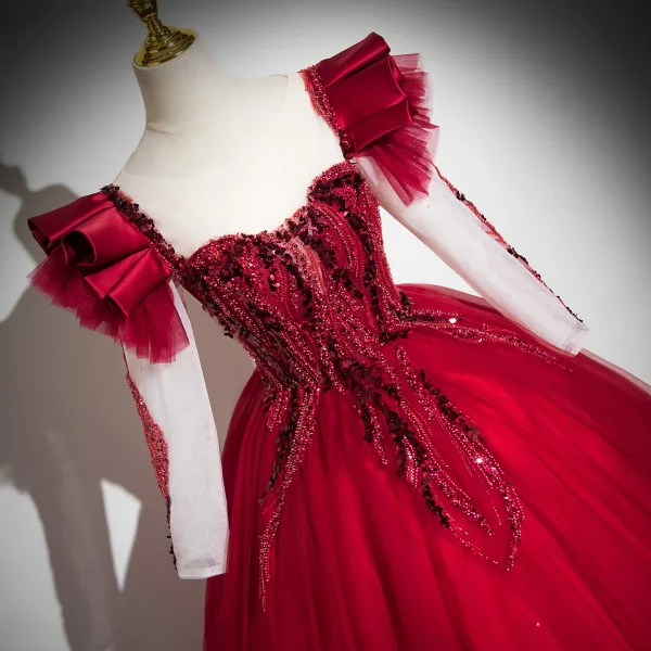 Chic / Beautiful Red Beading Pearl Sequins Prom Dresses 2024 Ball Gown Scoop Neck Long Sleeve Backless Floor-Length / Long Prom Formal Dresses