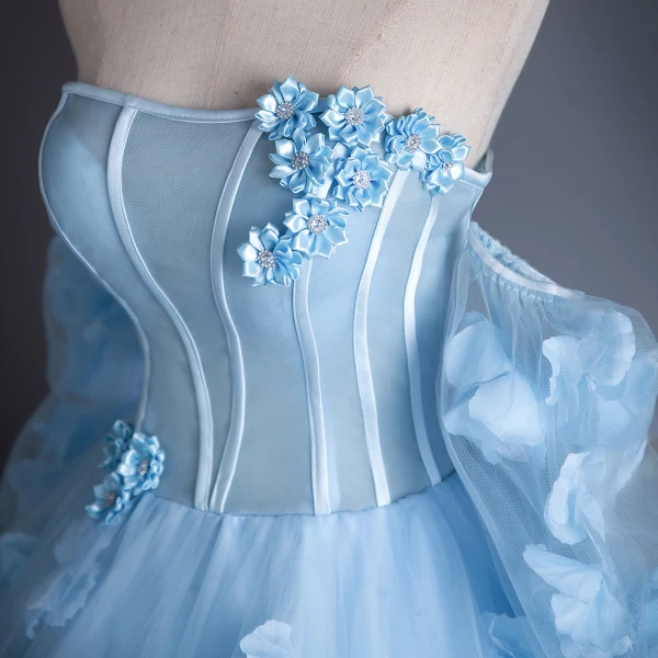 Romantic Sky Blue Appliques Prom Dresses 2024 Ball Gown Off-The-Shoulder Short Sleeve Backless Floor-Length / Long Prom Formal Dresses
