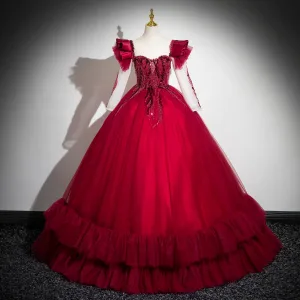 Chic Belle Rouge Perlage Perle Paillettes Robe De Bal 2024 Robe Boule Encolure Dégagée Manches Longues Dos Nu Longue Promo Robe De Ceremonie