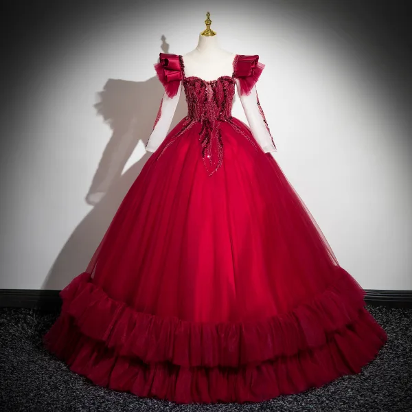 Chic / Beautiful Red Beading Pearl Sequins Prom Dresses 2024 Ball Gown Scoop Neck Long Sleeve Backless Floor-Length / Long Prom Formal Dresses