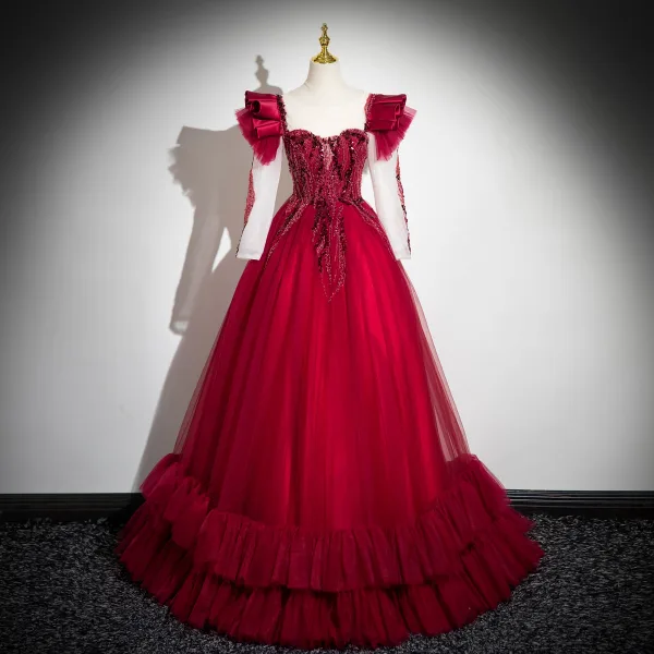Chic / Beautiful Red Beading Pearl Sequins Prom Dresses 2024 Ball Gown Scoop Neck Long Sleeve Backless Floor-Length / Long Prom Formal Dresses