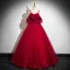Chic / Beautiful Red Pearl Appliques Prom Dresses 2024 Ball Gown Short Sleeve Backless Spaghetti Straps Floor-Length / Long Prom Formal Dresses