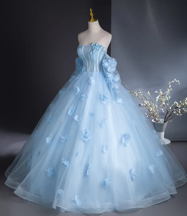 Romantic Sky Blue Appliques Prom Dresses 2024 Ball Gown Off-The-Shoulder Short Sleeve Backless Floor-Length / Long Prom Formal Dresses