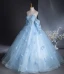 Romantic Sky Blue Appliques Prom Dresses 2024 Ball Gown Off-The-Shoulder Short Sleeve Backless Floor-Length / Long Prom Formal Dresses
