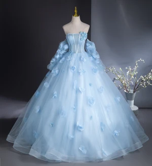 Romantisch Himmelblau Applikationen Ballkleider 2024 Ballkleid Off Shoulder Kurze Ärmel Rückenfreies Lange Ball Festliche Kleider