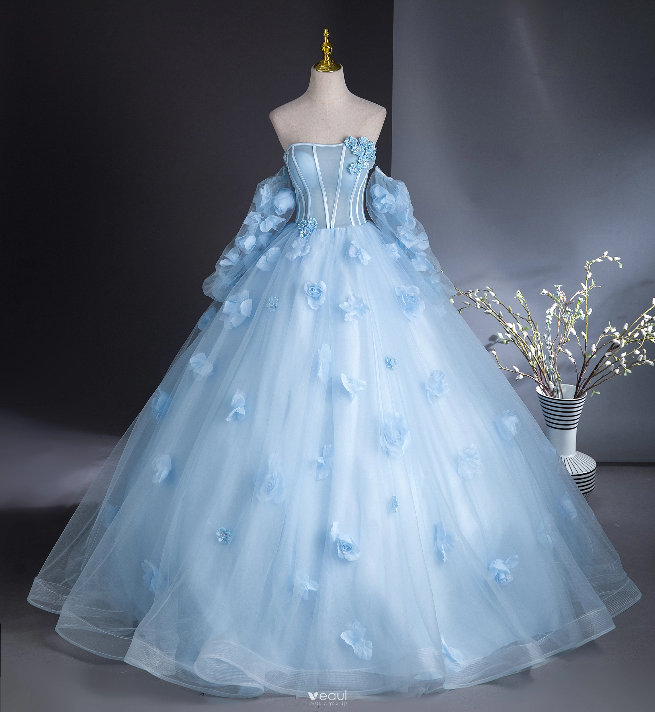 Romantic Sky Blue Appliques Prom Dresses 2024 Ball Gown Off-The-Shoulder  Short Sleeve Backless Floor-Length / Long Prom Formal Dresses
