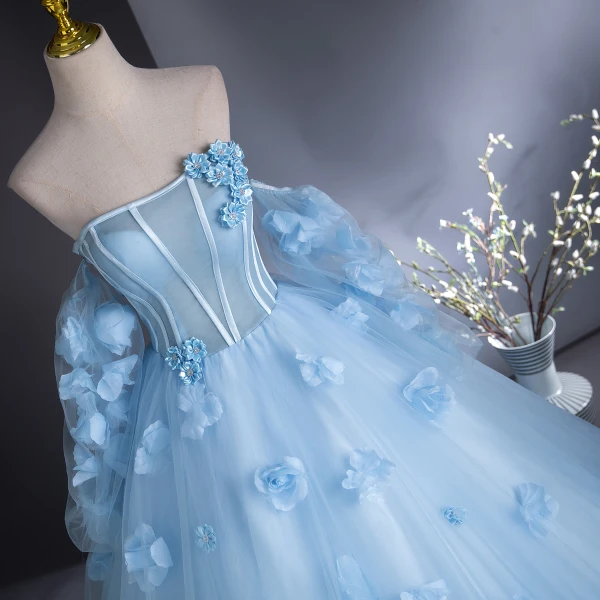 Romantic Sky Blue Appliques Prom Dresses 2024 Ball Gown Off-The-Shoulder Short Sleeve Backless Floor-Length / Long Prom Formal Dresses