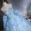 Romantic Sky Blue Appliques Prom Dresses 2024 Ball Gown Off-The-Shoulder Short Sleeve Backless Floor-Length / Long Prom Formal Dresses