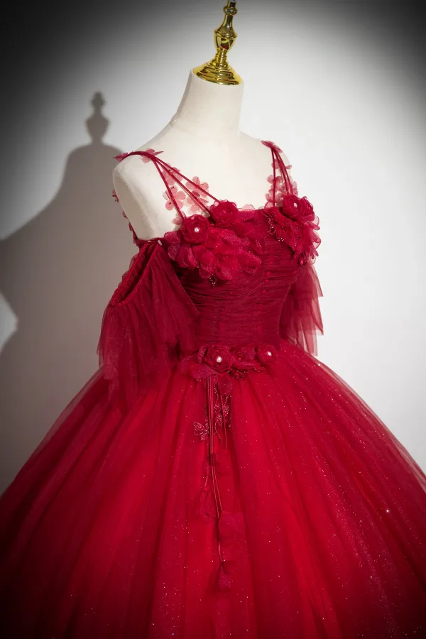 Chic / Beautiful Red Pearl Appliques Prom Dresses 2024 Ball Gown Short Sleeve Backless Spaghetti Straps Floor-Length / Long Prom Formal Dresses