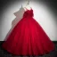 Chic / Beautiful Red Pearl Appliques Prom Dresses 2024 Ball Gown Short Sleeve Backless Spaghetti Straps Floor-Length / Long Prom Formal Dresses
