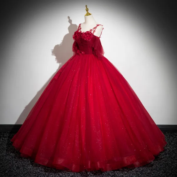 Chic / Beautiful Red Pearl Appliques Prom Dresses 2024 Ball Gown Short Sleeve Backless Spaghetti Straps Floor-Length / Long Prom Formal Dresses