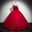 Chic / Beautiful Red Pearl Appliques Prom Dresses 2024 Ball Gown Short Sleeve Backless Spaghetti Straps Floor-Length / Long Prom Formal Dresses