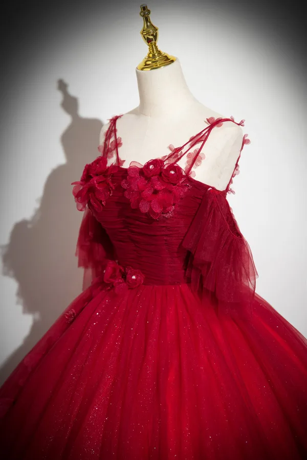 Chic / Beautiful Red Pearl Appliques Prom Dresses 2024 Ball Gown Short Sleeve Backless Spaghetti Straps Floor-Length / Long Prom Formal Dresses