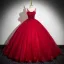 Chic / Beautiful Red Pearl Appliques Prom Dresses 2024 Ball Gown Short Sleeve Backless Spaghetti Straps Floor-Length / Long Prom Formal Dresses