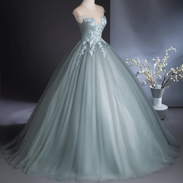 Elegant Mint Green Lace Flower Prom Dresses 2024 Ball Gown Scoop Neck Sleeveless Backless Floor-Length / Long Prom Formal Dresses