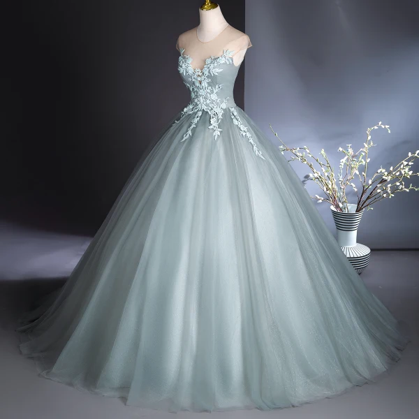 Elegant Mint Green Lace Flower Prom Dresses 2024 Ball Gown Scoop Neck Sleeveless Backless Floor-Length / Long Prom Formal Dresses