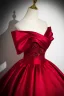 Elegant Red Satin Lace Flower Prom Dresses 2024 Ball Gown Off-The-Shoulder Short Sleeve Backless Floor-Length / Long Prom Formal Dresses
