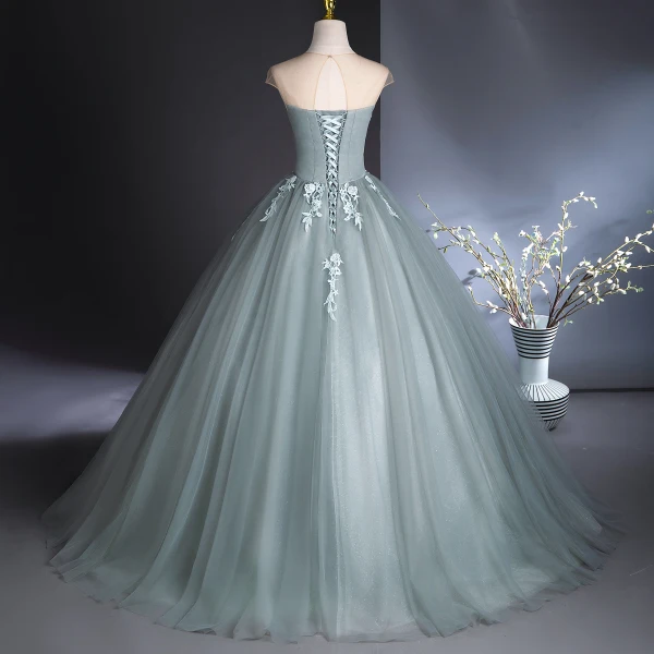 Elegant Mint Green Lace Flower Prom Dresses 2024 Ball Gown Scoop Neck Sleeveless Backless Floor-Length / Long Prom Formal Dresses