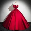 Elegant Red Satin Lace Flower Prom Dresses 2024 Ball Gown Off-The-Shoulder Short Sleeve Backless Floor-Length / Long Prom Formal Dresses