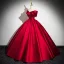 Elegant Red Satin Lace Flower Prom Dresses 2024 Ball Gown Off-The-Shoulder Short Sleeve Backless Floor-Length / Long Prom Formal Dresses
