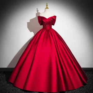 Élégant Rouge Satin En Dentelle Fleur Robe De Bal 2024 Robe Boule De L Épaule Manches Courtes Dos Nu Longue Promo Robe De Ceremonie