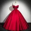 Elegant Red Satin Lace Flower Prom Dresses 2024 Ball Gown Off-The-Shoulder Short Sleeve Backless Floor-Length / Long Prom Formal Dresses