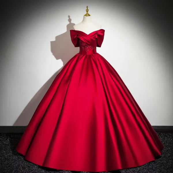 Elegant Red Satin Lace Flower Prom Dresses 2024 Ball Gown Off-The-Shoulder Short Sleeve Backless Floor-Length / Long Prom Formal Dresses