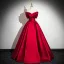 Elegant Red Satin Lace Flower Prom Dresses 2024 Ball Gown Off-The-Shoulder Short Sleeve Backless Floor-Length / Long Prom Formal Dresses