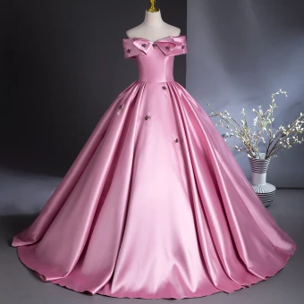 Lovely Candy Pink Pearl Appliques Prom Dresses 2024 Ball Gown Satin Off The Shoulder Sleeveless Backless Floor Length Long Prom Formal Dresses
