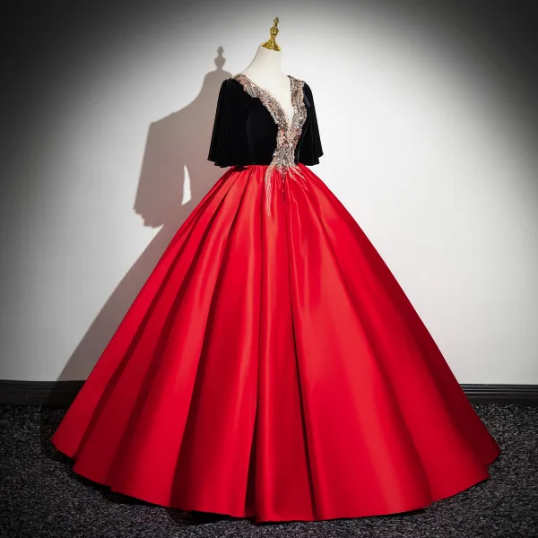 Elegant Red Beading Pearl Sequins Prom Dresses 2024 Ball Gown Scoop Neck Short Sleeve Backless Floor-Length / Long Prom Formal Dresses