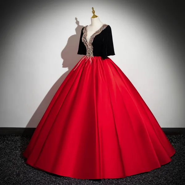 Elegant Red Beading Pearl Sequins Prom Dresses 2024 Ball Gown Scoop Neck Short Sleeve Backless Floor-Length / Long Prom Formal Dresses