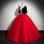 Elegant Red Beading Pearl Sequins Prom Dresses 2024 Ball Gown Scoop Neck Short Sleeve Backless Floor-Length / Long Prom Formal Dresses