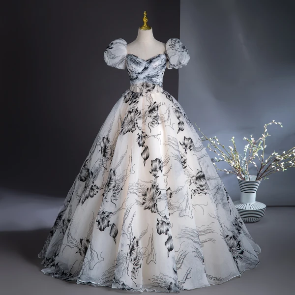 Elegant White Printing Prom Dresses 2024 Ball Gown Off-The-Shoulder Puffy Short Sleeve Backless Floor-Length / Long Prom Formal Dresses